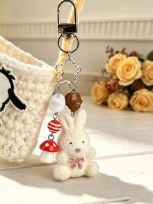 2pcs Cute Flocking Bunny Keychain,Kawaii Rabbit Mushroom Star Bag Charm,Animal Pendant Key Ring For Handbag Purse Backpack Car Keys, Girls Women Gift - Multicolor - View 2