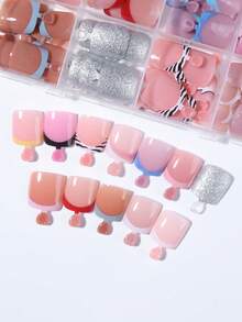288pcs/Box (12 Mixed Styles) DIY Shiny Short Square Pointed Acrylic Press-On Toe Nails, Perfect Fit Design, Acrylic False Toenails With Storage Box, Suitable For Summer Manicure, Women And Girls Daily & Party DIY Nail Art Supplies - Multicolor - View 4