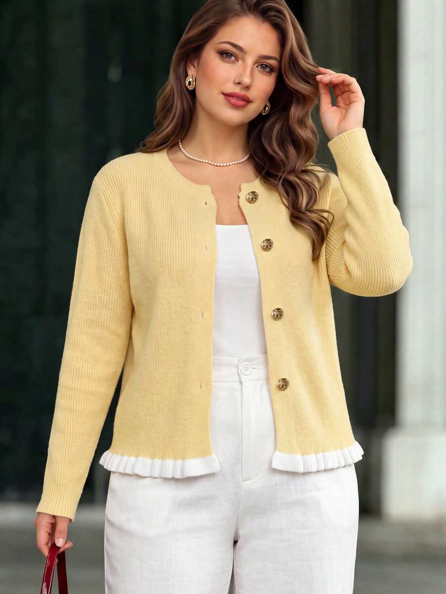 Plus Size Women's Autumn/Winter Long Cardigan, Vintage Casual Colorblock Knit Cardigan Sweater - Yellow - View 1