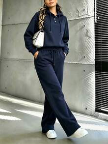 Women's Solid Color Hoodie & Pants Set, Casual Loose Drawstring 2 Pieces Set, Suitable For Winter Daily Wear - Navy - View 5