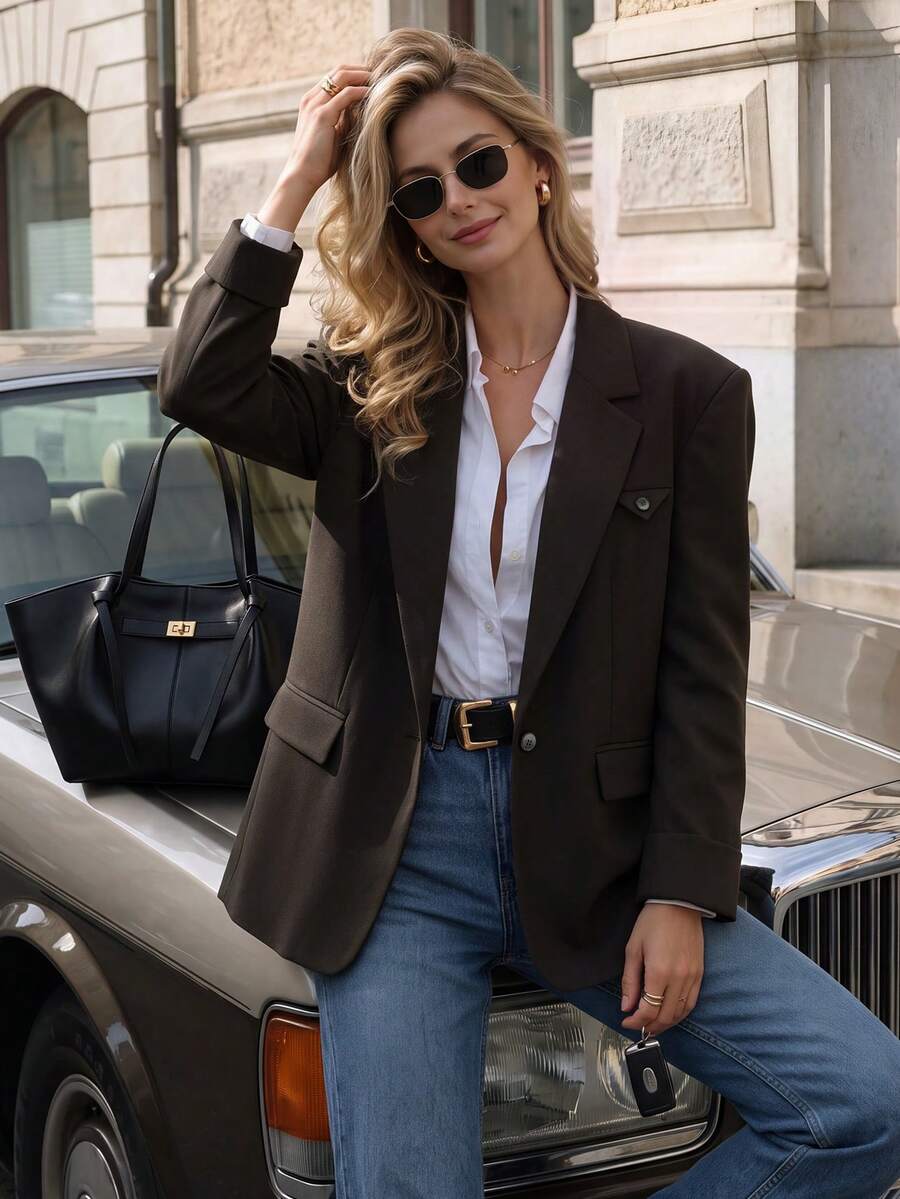 minisummer Women Elegant Fall Dark Brown Blazer, Lapel Single Button Roll Cuff Suit Jacket, Fall Clothes For Women - Coffee Brown - View 1