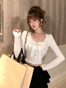 Autumn/Winter New Bow Ribbon Sexy Style Fitted Short Cardigan With Frill Trim, Single-Breasted Metal Buttons, Long Sleeves, Suitable For Outings, Dates, Vacations, Parties, Commuting - Milky White - View 4