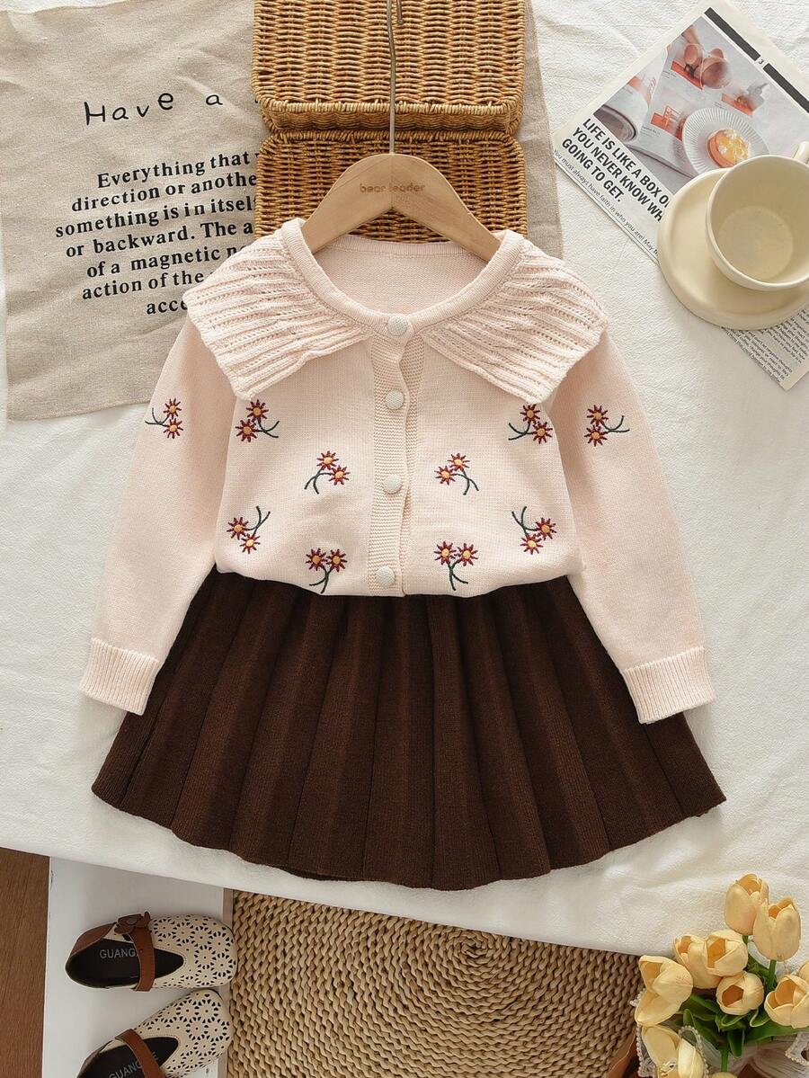 bearleader Girls' Winter Cute Floral Embroidered Knit Sweater Set, Large Collar Long Sleeve Top With Short Pleated Skirt, 2-Piece Set - Coffee Brown - View 1