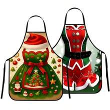 2Pcs Red Green Christmas Dress Pattern Halter Apron For Couple Family Gathering Kitchen Photo Decor - Multicolor - View 8