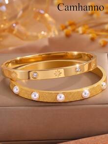 Camhanno 2pcs Stainless Steel Plated 18K Gold English Engraved Bracelet, Frosted Pearl Double Ring Layered Romantic Women's Bracelet - Gold - View 8