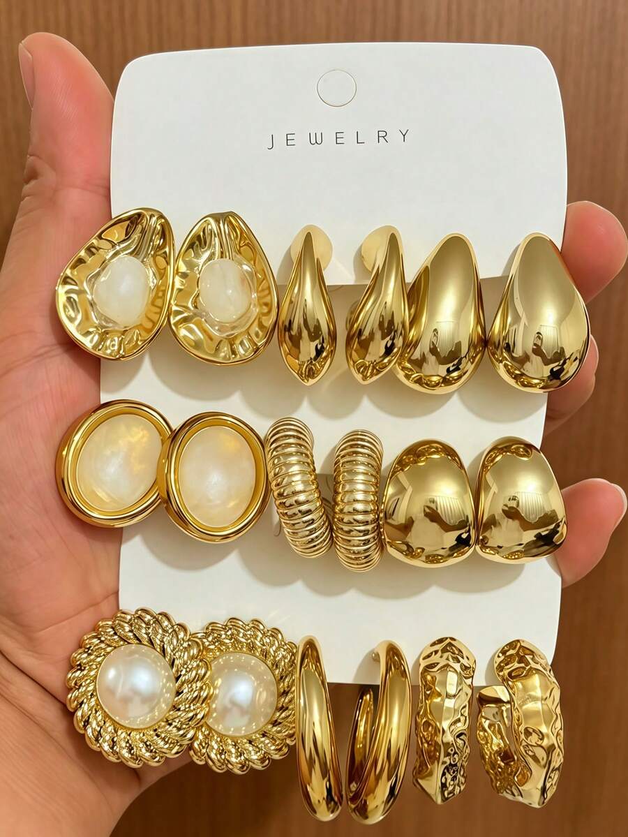 6/18PCS Fashionable Elegant Floral Geometric Multi-Element Gold Metallic Earring Set, Women's Fashion Earring Set (Lightweight CCB Material, Non-Fading) - Gold - View 1