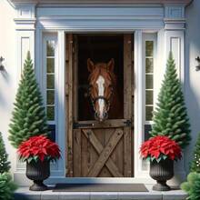 1pc Holiday Door Curtain Banner, Horse Pattern, Perfect For Maintaining Privacy At Hallway Intersections - Khaki - View 1