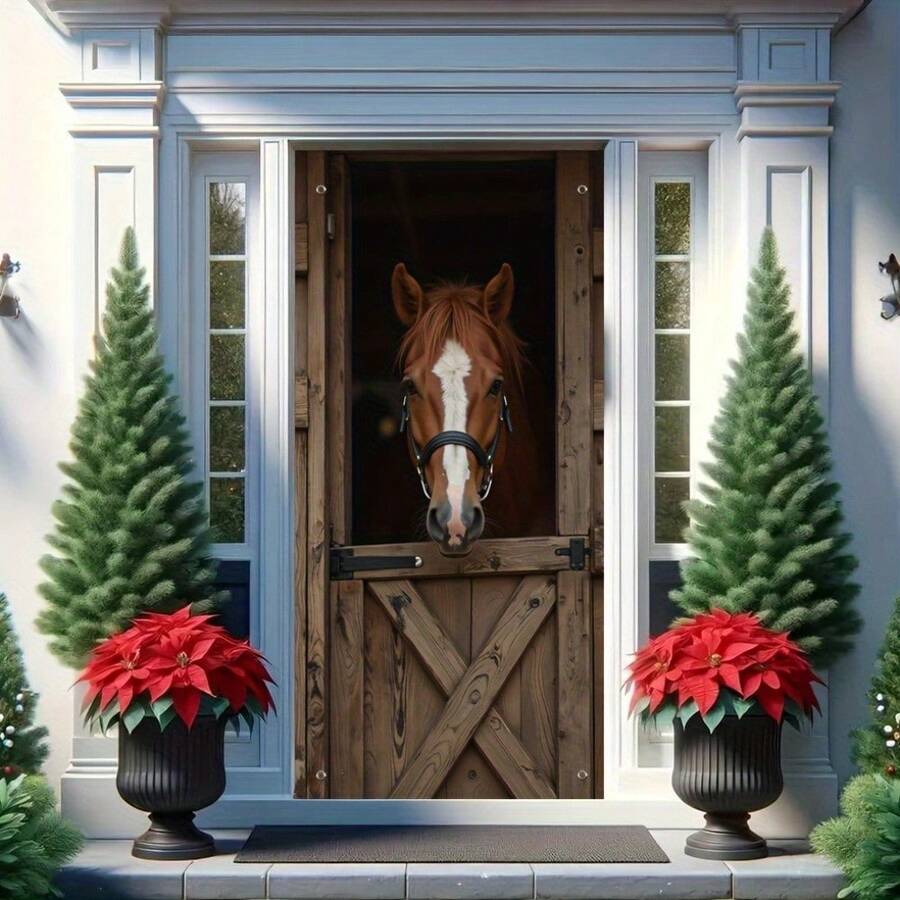 1pc Holiday Door Curtain Banner, Horse Pattern, Perfect For Maintaining Privacy At Hallway Intersections - Khaki - View 1