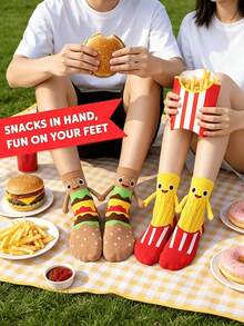 1/2 Pairs Creative Cute Food Pattern Socks, Holding Hands Burger & Fries Cartoon Mid-Calf Socks, Fun Couple/Party Gift Socks, Suitable For Food Lovers Men & Women - Multicolor - View 2