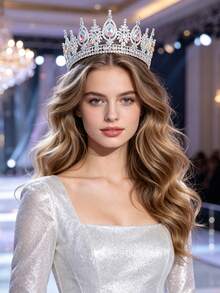 1pc Vintage Gilded Water Drop Crystal Bridal Crown, Elegant Court Hollow Crown, Estate Lawn Wedding Accessory - Multicolor - View 4
