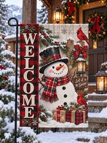 1pc Snowman Family Print Garden Flag, Rustic Linen Vertical Yard Banner With Let It Snow Slogan, Farmhouse Front Porch Outdoor Hanging Decor For Christmas Winter Holiday Entryway - A - View 10