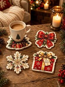4pcs Christmas Wooden Coasters Set, Christmas Tree Bow Snowflake Gift Box Drink Coasters, Holiday Table Decor And Hanging Ornaments For Home Kitchen Coffee Table Decoration - Multicolor - View 6