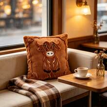 Highland Cow Plush Pillow Cover, Cute Cartoon Animal Applique Cushion Cover 18*18 Inch, Soft Furry Decorative Throw Pillowcase, No Insert - Brown - View 2