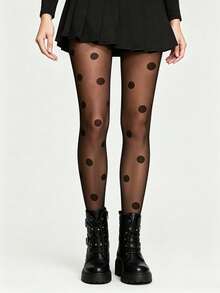 Women's See-Through Black Polka Dot & Heart Print Tights, Sheer Elastic Stockings, Fashionable See-Through Bottoms Suitable For Dresses, Party, Y2K Style Outfits And Casual Daily Wear - Black - View 4