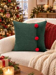 1pc/2pcs Christmas Color Block Pillow Case, Hunter Green Chenille Velvet White Pom Pom Button Cushion Cover, Dual Color Farmhouse Style Sofa Pillow Case, Suitable For Sofa And Living Room Fireplace, Holiday Winter Cozy Decor, Size 18x18 Inches, Pillow Insert Not Included - Red - View 9