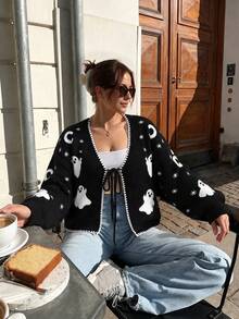 Plus Size Halloween Ghost Snowflake Jacquard V-Neck Lace-Up Ruffle Trim Cropped Knit Cardigan Sweater - Black - View 1