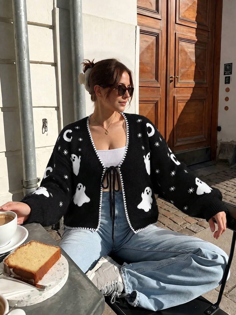Plus Size Halloween Ghost Snowflake Jacquard V-Neck Lace-Up Ruffle Trim Cropped Knit Cardigan Sweater - Black - View 1