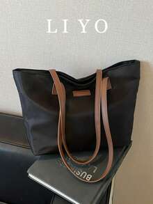 Women Large Nylon Tote Bag Retro Brown Strap Shoulder Bag Office Commute Handbag - Black - View 7