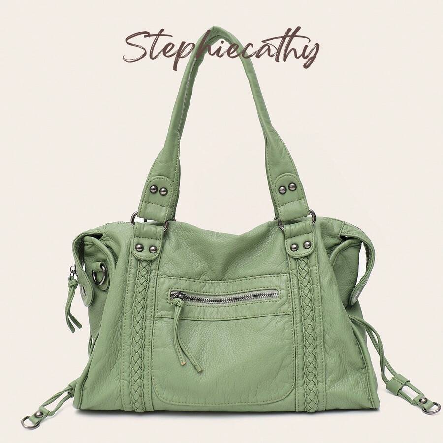STEPHIECATHY Fashion Casual Cool Street Style Soft Brushed Washed PU Faux Leather Zipper Pocket Braided Large Capacity Fits 13 Inch Laptop Slouchy Silhouette Bag - Mist Green - View 1