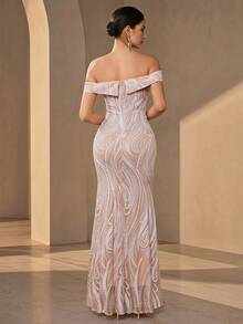 Elegant Women's Off-Shoulder Sequin Mermaid Evening Gown, Long Party Dress - Apricot - View 2