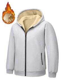 Men's Wool Lining Full Zip Hooded Jacket, Casual Solid Color Hooded Sweatshirt, With Zipper Pockets, Regular Fit Daily Wear Jacket - Light Grey - View 6