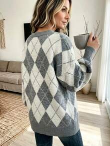 Plus Size Argyle Pattern Knit Pullover, Women V Neck Long Sleeve Drop Shoulder Plus Size Sweater, Fall Winter Loose Casual Tunic Tops - Grey - View 7
