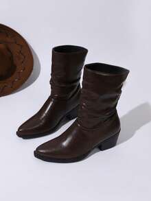 Vintage Distressed Wrinkled Mid-Calf Boots, Loose Chunky Heel Fashion Boots, Suitable For Autumn/Winter Concert And Street Wear - Brown - View 6