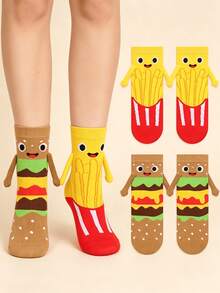 1/2 Pairs Creative Cute Food Pattern Socks, Holding Hands Burger & Fries Cartoon Mid-Calf Socks, Fun Couple/Party Gift Socks, Suitable For Food Lovers Men & Women - Multicolor - View 6