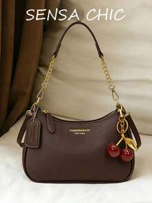 Classic Crescent-Shaped Shoulder Bag, Vintage Textured Body With Metal Chain Spliced Strap, Layered Design. Smooth Body Lines, Zipper Closure For Secure And Practical Use, Compact Size To Hold Daily Essentials, Multiple Carrying Styles Including Underarm And Crossbody, Easily Matches Various Outfits, Full Of Atmosphere - Coffee Brown - View 1