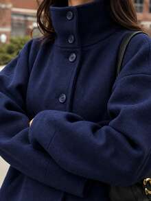 Women's Casual Wool Jacket, Casual Stand Collar Button Design, Navy Blue Thick Coat, Suitable For Commuting, Dating, Daily Wear - Navy Blue - View 5