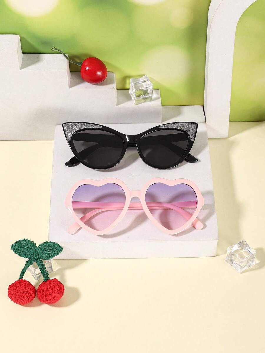 1set 2pcs 3-8Y Girls Heart & Cat Eye PC Frame, Glitter Decor Cute ...