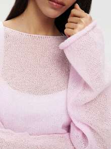 Pink Women Sheer Hollow Mesh Knit Pullover, Loose Long Sleeve Boat Neck See‑Through Layer Top Casual Fall Winter Sweater - Pink - View 9