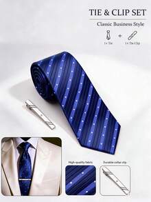 1 Set Men's Business Tie And Tie Clip Set, Fashionable, Sophisticated, Versatile, Suitable For Daily Work, Interview, Party, Gathering, Dinner - Light Blue Diagonal Stripes and Polka Dots - View 1