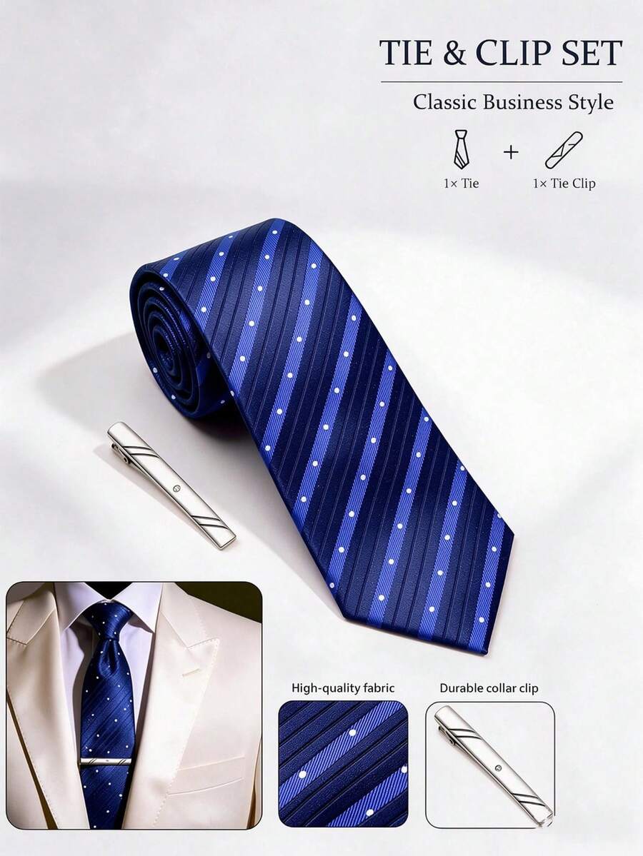 1 Set Men's Business Tie And Tie Clip Set, Fashionable, Sophisticated, Versatile, Suitable For Daily Work, Interview, Party, Gathering, Dinner - Light Blue Diagonal Stripes and Polka Dots - View 1
