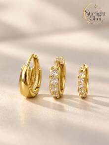 6pcs/3pairs Women's Luxury Minimalist Zirconia Starry Earrings Set, Suitable For Daily Commute, Party, Nightclub And Other Occasions - Gold - View 6