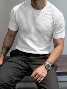 Suéter de punto blanco liso con cuello redondo y manga corta, acanalado vertical, ajuste ceñido, textura casual, para verano, primavera y otoño - Blanco - Ver 9