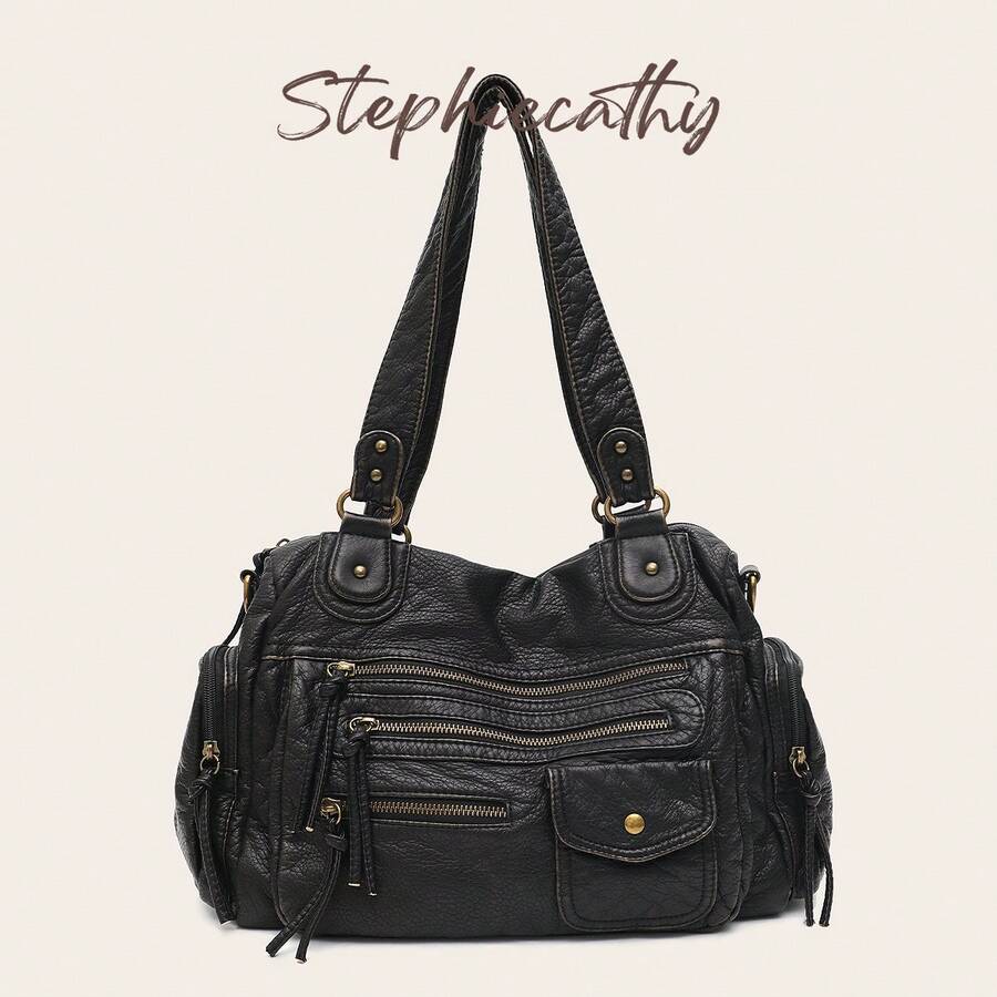 STEPHIECATHY Solid Color Washed PU Leather, Zipper Closure, Multi-Pocket Design, Women's Shoulder Crossbody Bag, Casual & Practical, Suitable For Daily Life - Black - View 1