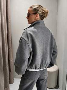 2026 Autumn New Women's Wool Blend Long Sleeve Stand Collar Soft Flight Jacket Coat, Autumn/Winter Top - Grey - View 3