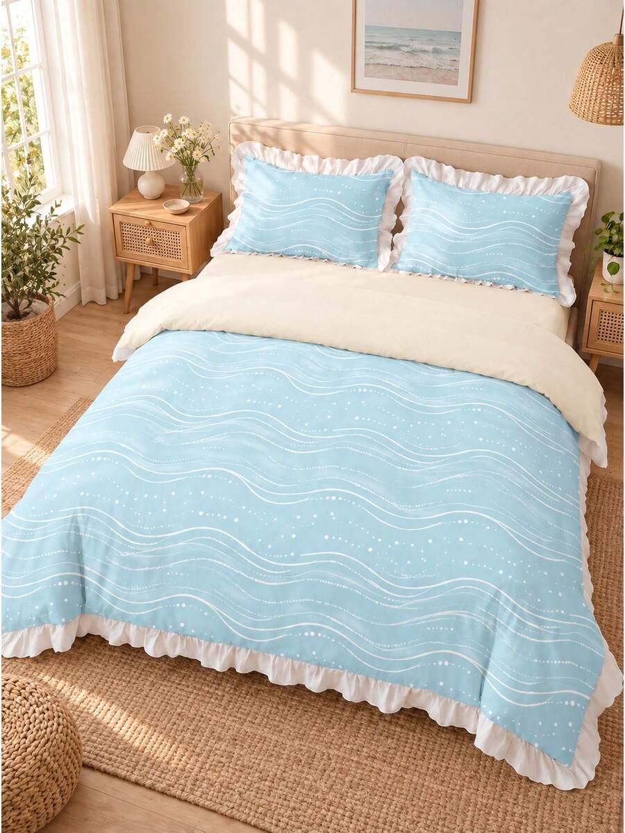 2/3pcs Light Sea Ripple Pattern Ruffled Duvet Cover Set, Set Includes 1 Duvet Cover + 1/2 Pillowcases, No Filling - Soft, Comfortable, Breathable Bedding, Suitable For All Seasons, Perfect For Creating A Cozy And Warm Bedroom, Guest Room, Ultra Soft, Breathable, Moisture-Wicking Bedding - Multicolor - View 1