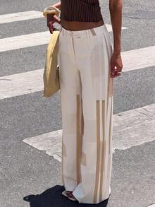 Women's Beige Geometric Color Block Striped High Waist Pleated Wide Leg Suit Pants, Button Fly Draped Floor-Length Casual Straight Leg Trousers - Multicolor - View 5