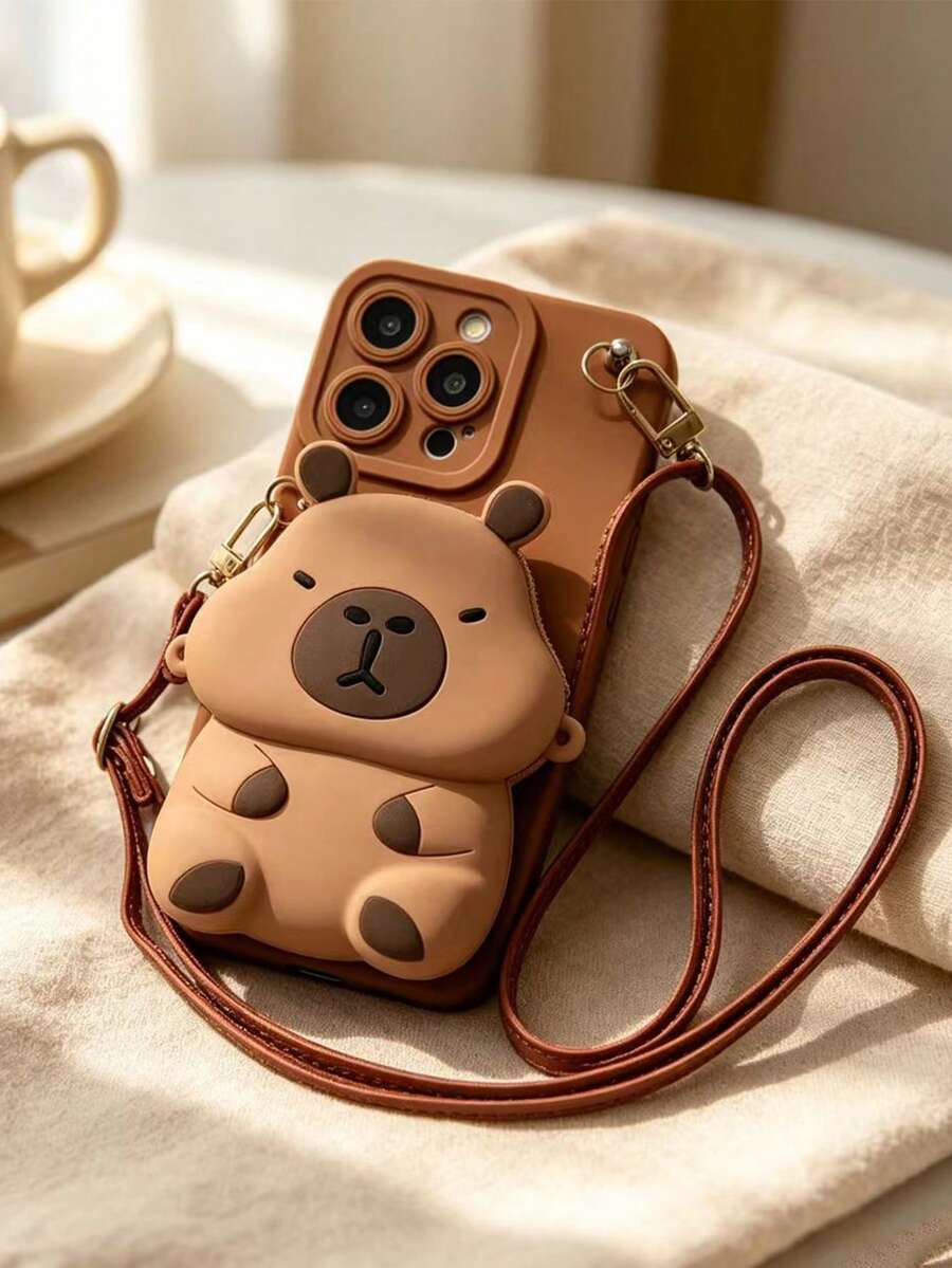 1件裝水豚卡夾手機殼,斜跨便攜可愛創意時尚款,適用於 iPhone 11 12 13 14 15 16 17 18 Pro Max(卡夾效果依手機型號而異,卡夾由柔軟矽膠材質製成) - 深棕色 - 查看 1