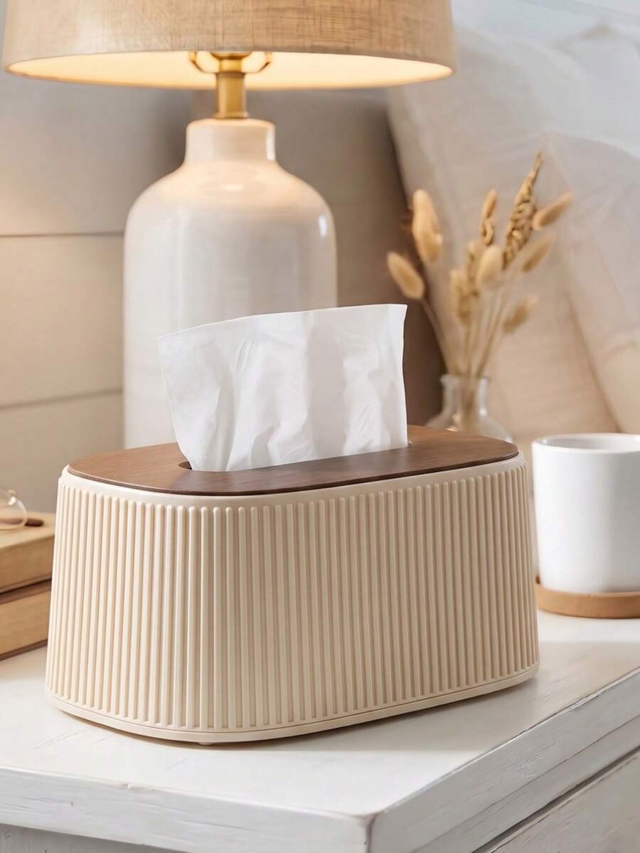 1pc Vertical Stripe Spring Tissue Box, Wooden Lid Tissue Box Cover, Napkin Holder, Suitable For Bedroom, Living Room, Bathroom, Vanity