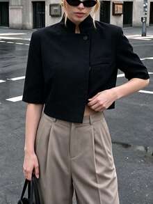 Minimalist Stand Collar Mid-Sleeve Short Blazer With Design Asymmetric Button Pocket, Black Commuter Top For Petite Women - Black - View 6