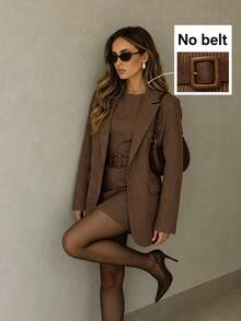 Women's Autumn Elegant Casual Brown Striped Blazer And Mini Skirt 2 Pieces Set, Suitable For Office, Vacation, Outings - Mocha Brown - View 5