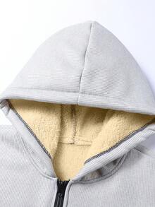 Men's Wool Lining Full Zip Hooded Jacket, Casual Solid Color Hooded Sweatshirt, With Zipper Pockets, Regular Fit Daily Wear Jacket - Light Grey - View 2