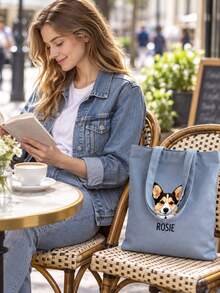 Personalized Pet Photo & Name Tote Bag, Large Capacity Shoulder Bag, Customizable Foldable Tote Bag With Name Logo Text, Multiple Colors Available, Solid Color Large Capacity Shoulder Bag - Multicolor - View 2
