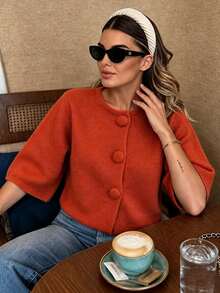 Vintage Plus Size Women's Cardigan, Fleece Knit Round Neck Short Sleeve Front Button Warm Autumn Top - Burnt Orange - View 3