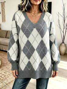 Plus Size Argyle Pattern Knit Pullover, Women V Neck Long Sleeve Drop Shoulder Plus Size Sweater, Fall Winter Loose Casual Tunic Tops - Grey - View 2