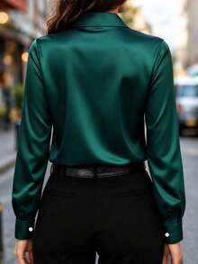 Women's New Arrival Satin Button-Down Shirt, Fashionable, Versatile, Suitable For All Seasons Spring - Dark Green - View 3