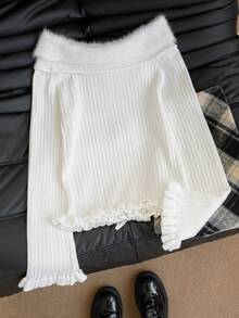Autumn/Winter Off-Shoulder Cute Sweet Sexy Fuzzy Drawstring Silk Bow Long Sleeve Base Layer Sweater, Suitable For Outings, Shopping, Dates, Christmas, New Year - Pale Apricot Color - View 7